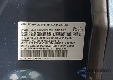 2017 Honda Pilot Touring z USA, uszkodzony, nr VIN 5FNYF6H96HB081123